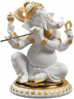 Lladr&oacute; Bansuri Ganesha Golden Re-Deco Figurine